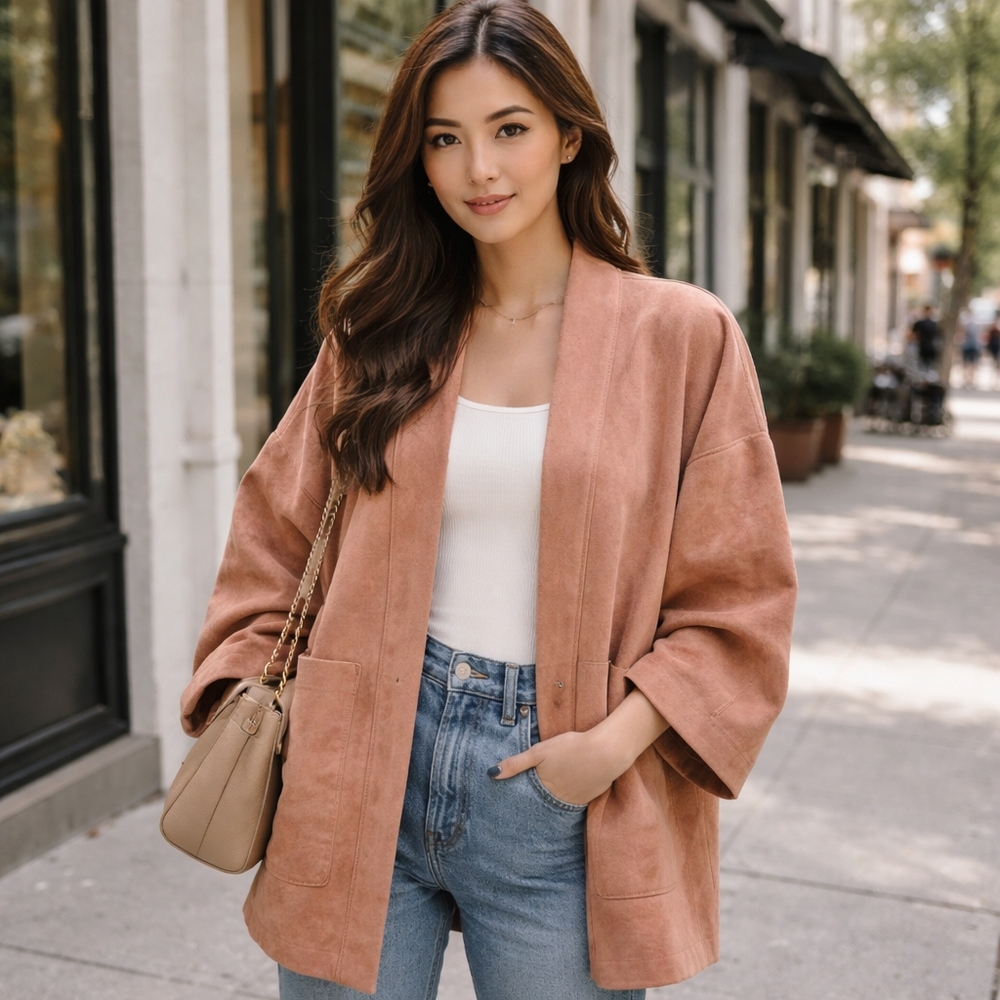 Solitaire Faux Suede Oversized Light Jacket | Open Front Soft Drape Layer